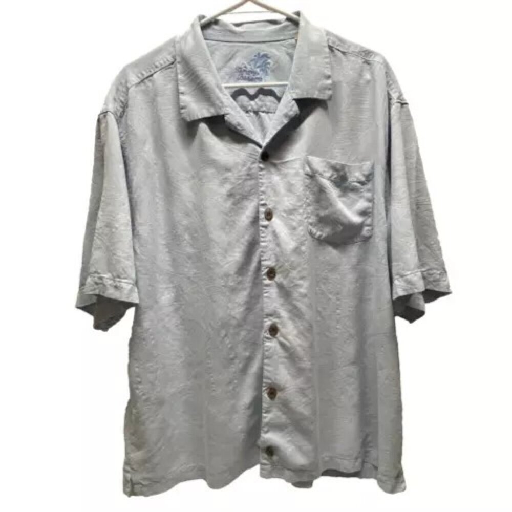 Tommy Bahama Men's XL‎ Silk Woven Button Up Light Blue Short Sleeve Tropical GUC